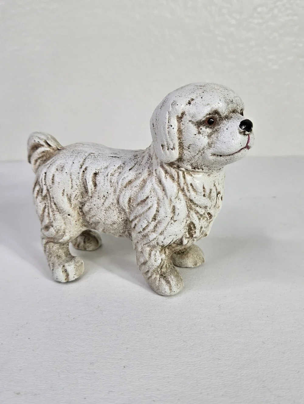VTG Cast Iron Dog Figurine White Pekingese Shih Tzu Maltese Garden Statue Dog
